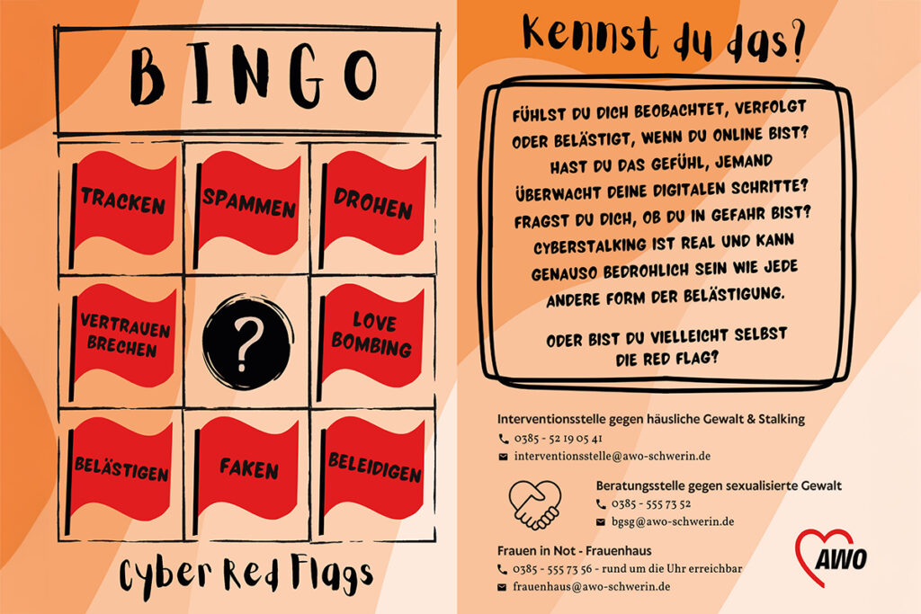Bingo-Karte mit roten Flaggen und Informationshinweis zu Cyberstalking