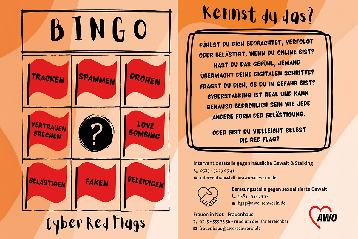 Bingo-Karte mit roten Flaggen und Informationshinweis zu Cyberstalking