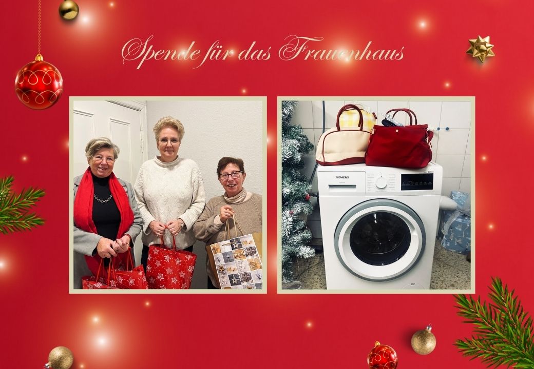 Ein Bild zeigt drei Frauen mit Geschenktaschen und eine Waschmaschine mit Taschen darauf.