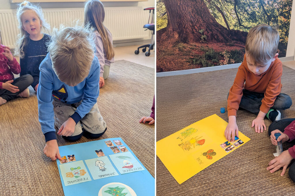 Kinder basteln mit buntem Papier auf einem Boden.