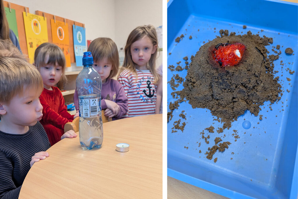 Kindergartengruppe bei einer Experimentvorf&uuml;hrung und Sandexperiment in einer blauen Box.