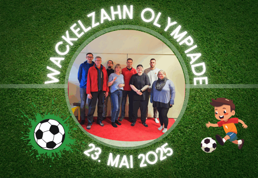 Gruppe von acht Personen steht nebeneinander auf einem roten Teppich. Umrahmt wird das Bild von einem grafisch gestalteten Fußballfeld mit einem zeichentrickhaften Jungen und einem Fußball in den Ecken.