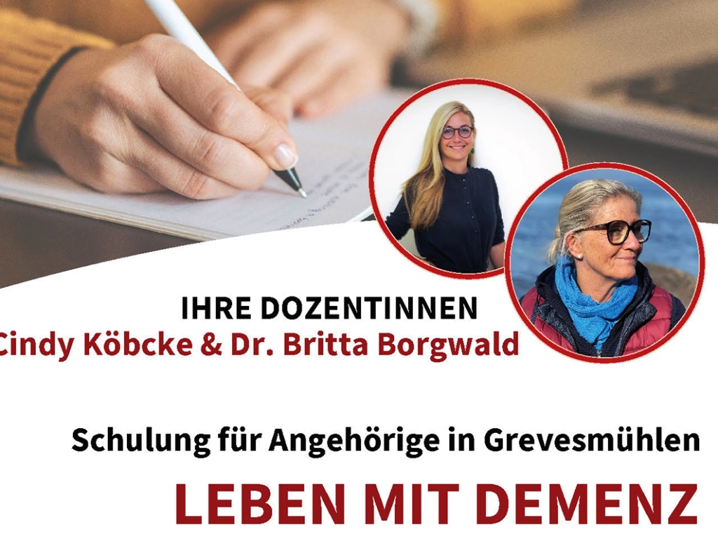 Ein Werbeposter für eine Schulung zur Demenz mit zwei Fotos von Dozentinnen.