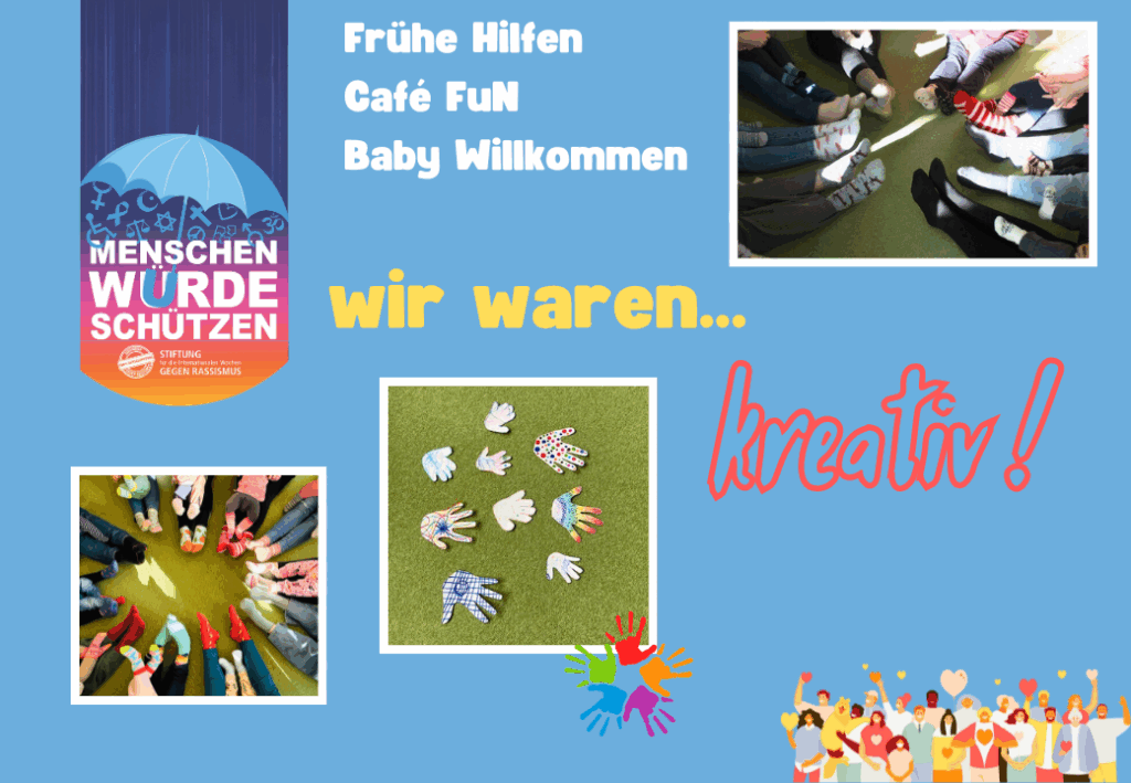 Collage mit bunten Socken und gestalteten Papierhänden auf blauem Hintergrund.