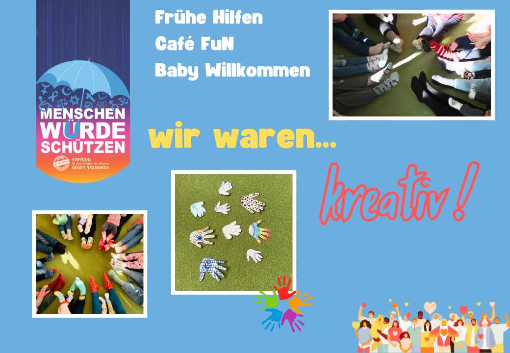 Collage mit bunten Socken und gestalteten Papierhänden auf blauem Hintergrund.