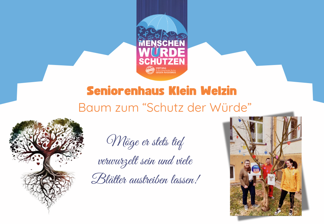 Poster zum Schutz der Menschenwürde mit Illustration eines Baums in Herzform und einem Foto von drei Personen neben einem Baum.