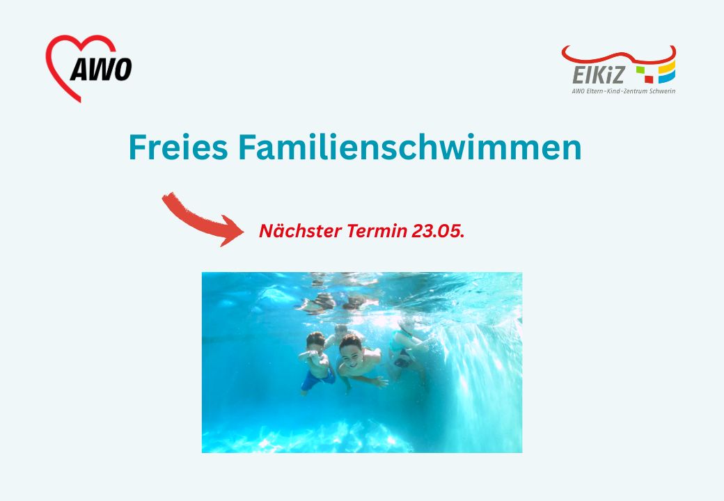 Werbeplakat für freies Familienschwimmen mit AWO-Logo