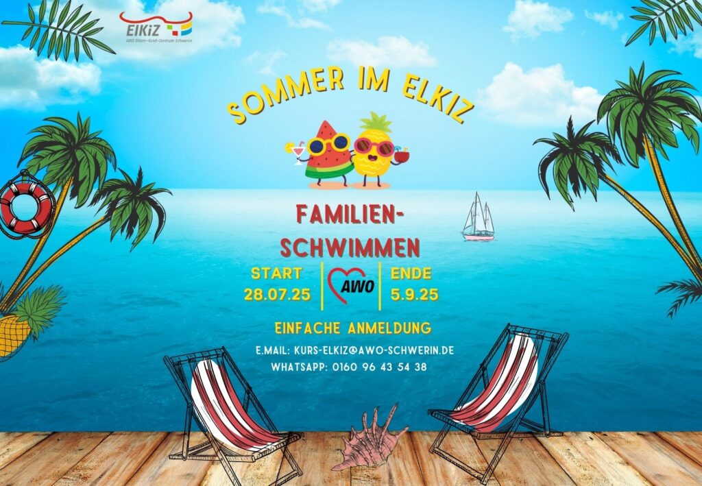 Ein Plakat für ein Familien-Schwimm-Event im ElKiZ mit sommerlichem Design.