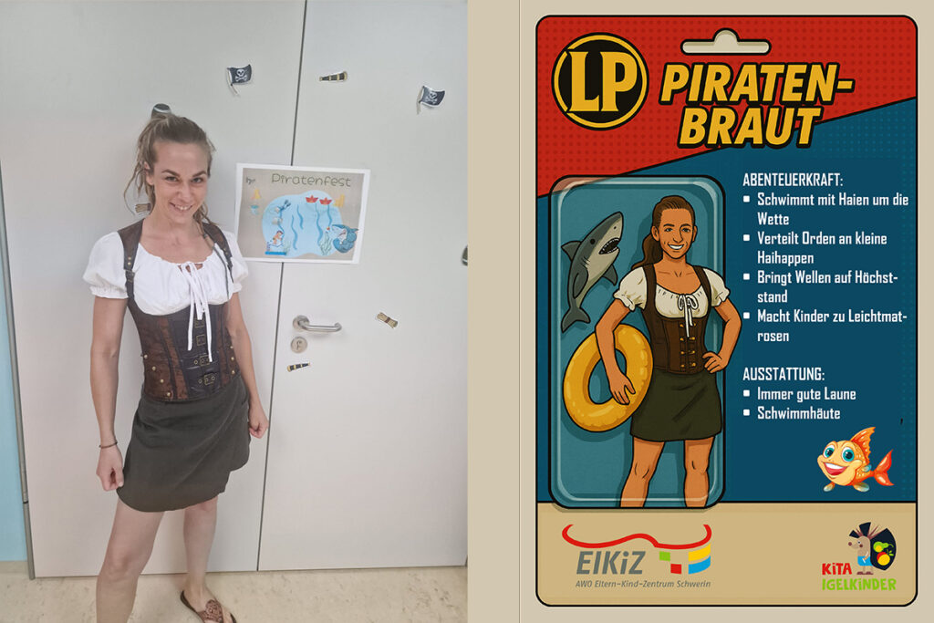 Eine Frau steht neben einem Piratenfest-Poster.