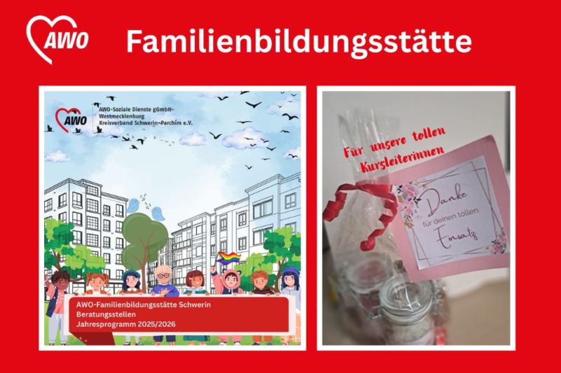 Poster der AWO-Familienbildungsstätte Schwerin mit Illustrationen und Dankesbotschaft.