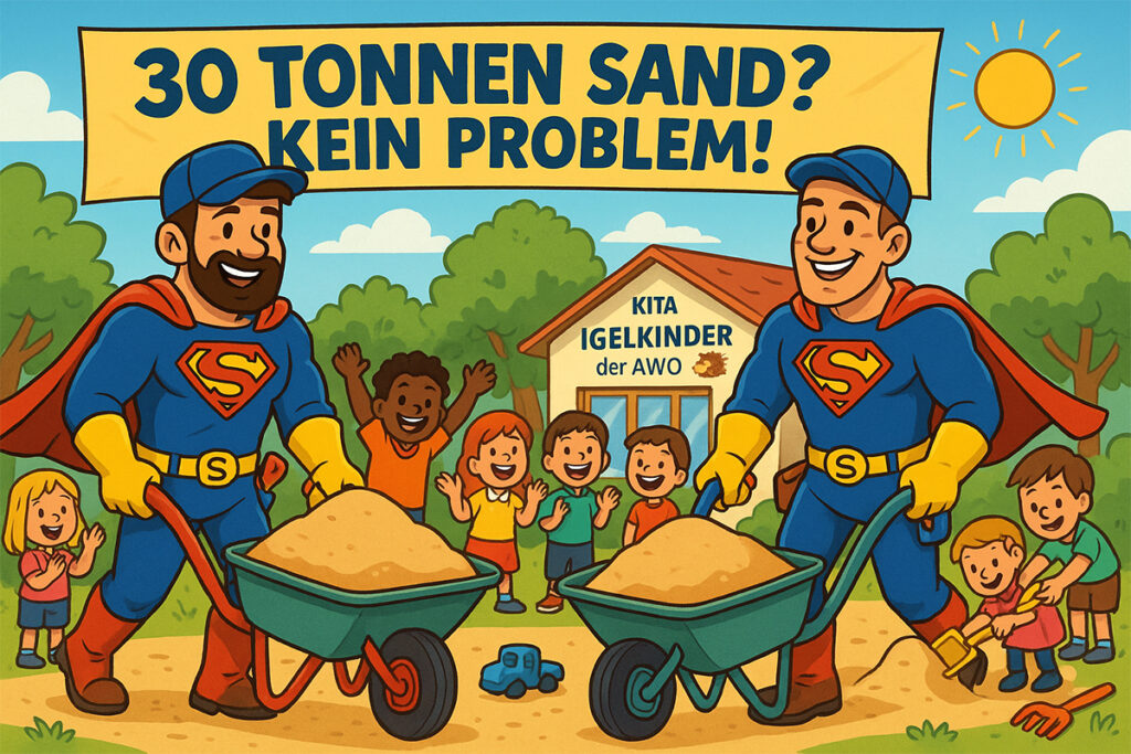 Zwei Männer in Superheldenkostümen schieben Schubkarren mit Sand, umgeben von fröhlichen Kindern.