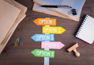 Ein Schreibtisch mit Büromaterialien und einem Wegweiser mit aufgemalten Optionen.