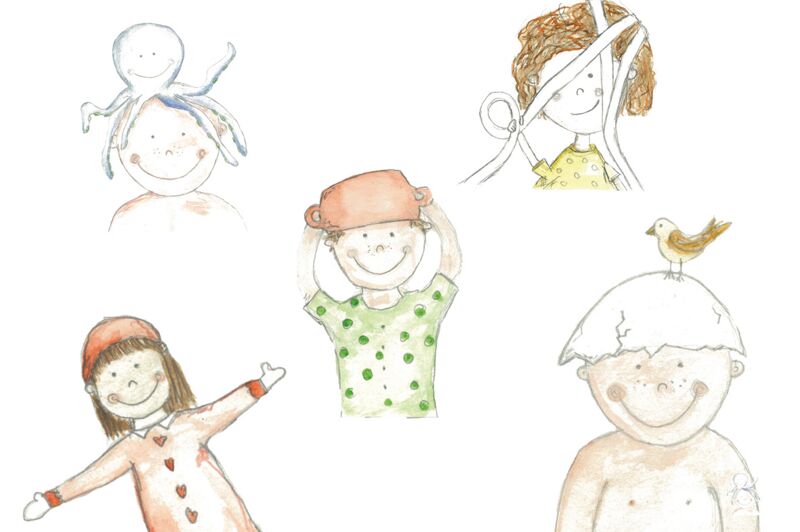 Illustration von fünf lachenden Kindern mit verschiedenen Kopfbedeckungen.