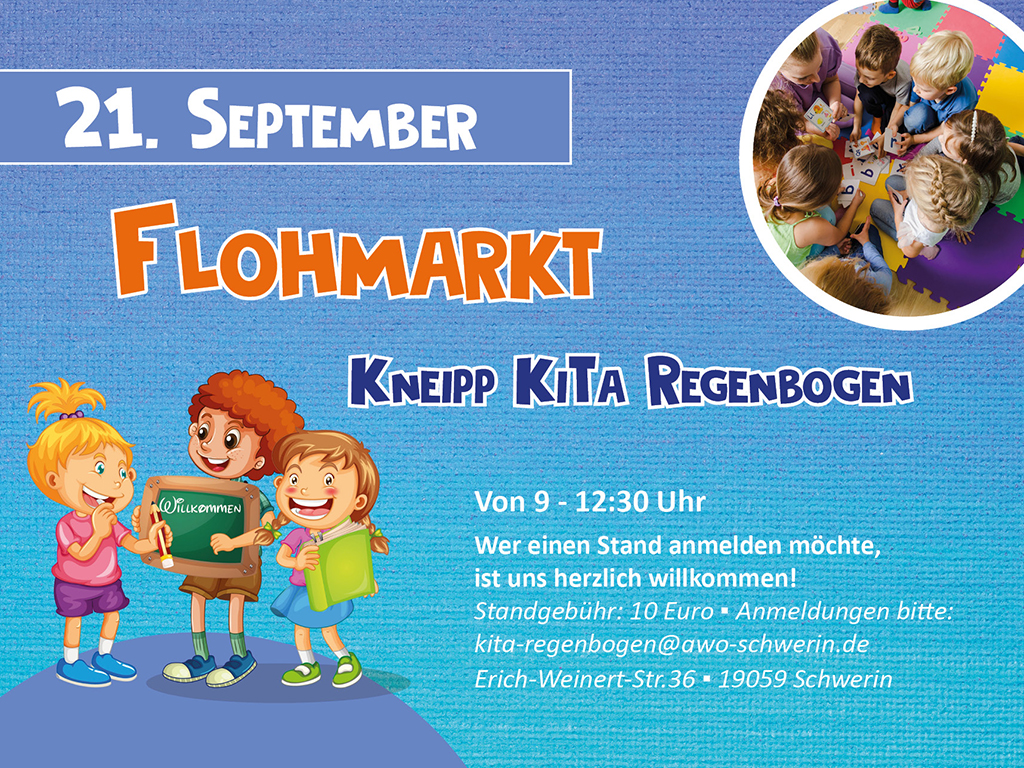 Ein Werbeplakat für einen Flohmarkt in einer Kindertagesstätte.