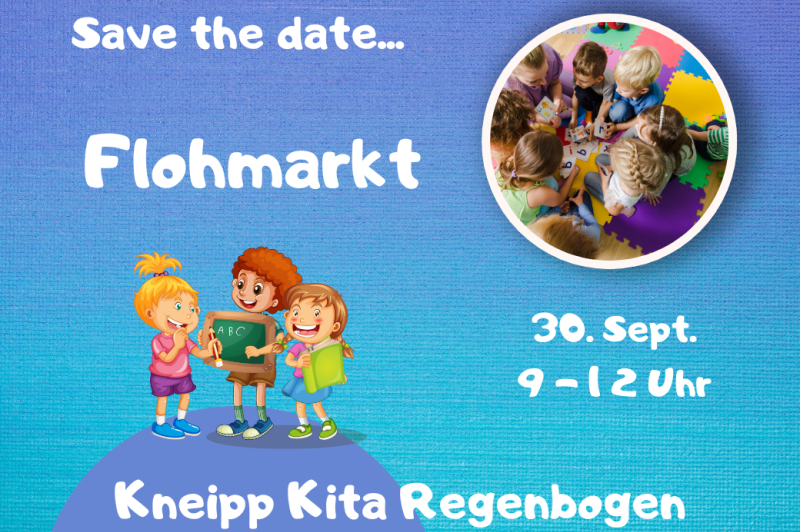 Einladung zu einem Flohmarkt in einer Kita mit Kindern und Informationen zum Event.