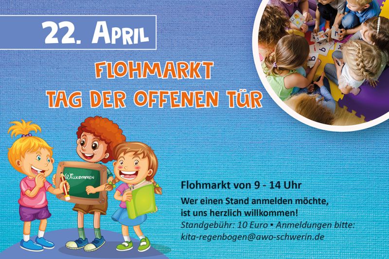 Ein Plakat für einen Flohmarkt und Tag der offenen Tür mit einem Bild von Kindern, die zusammensitzen.