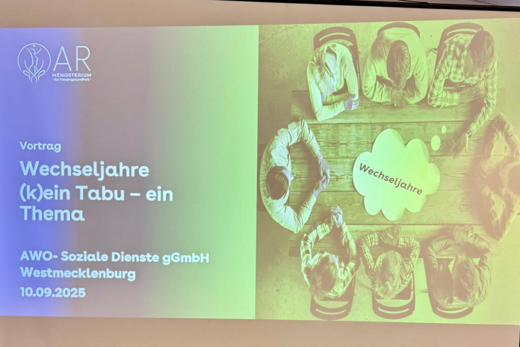 Pr&auml;sentationsbild mit Informationen zu einem Vortrag &uuml;ber Wechseljahre