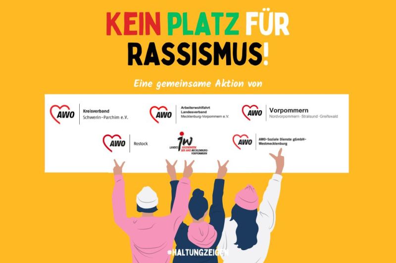 Grafik mit Slogan ‚Kein Platz für Rassismus‘ und Logos von AWO-Organisationen.