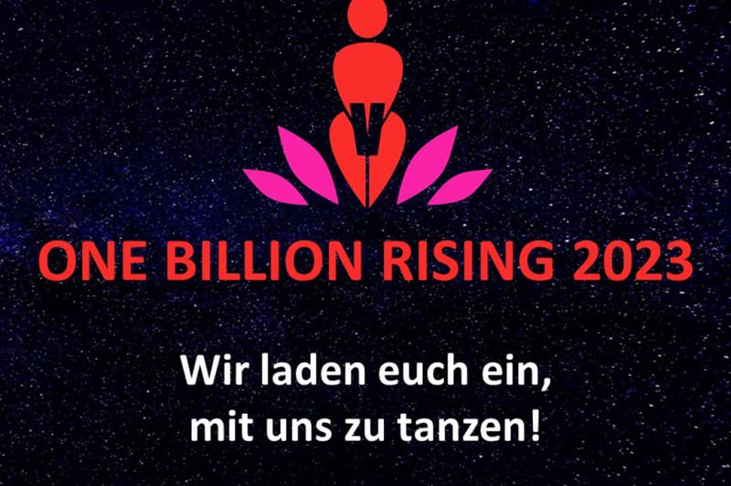 Grafik mit dem Text 'One Billion Rising 2023' und Einladung zum Tanzen