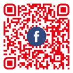 Ein quadratischer QR-Code in roter Farbe mit einem blauen Kreis in der Mitte, der ein weißes f-Symbol enthält.