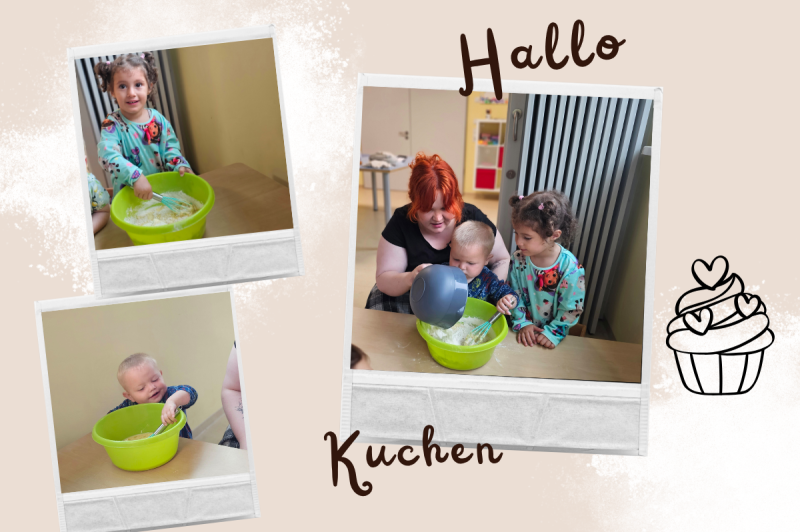 Kinder und Erzieherin beim Backen