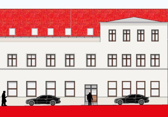 Architektonische Illustration eines Gebäudes mit rotem Dach