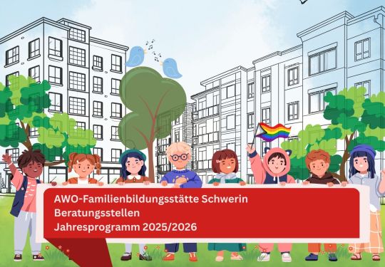 Illustration einer Gruppe von Kindern vor einem Gebäudekomplex mit Bäumen.
