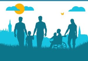 Illustration von fünf Personen in einer Wiese, darunter ein Kind im Rollstuhl, bei Sonnenuntergang.