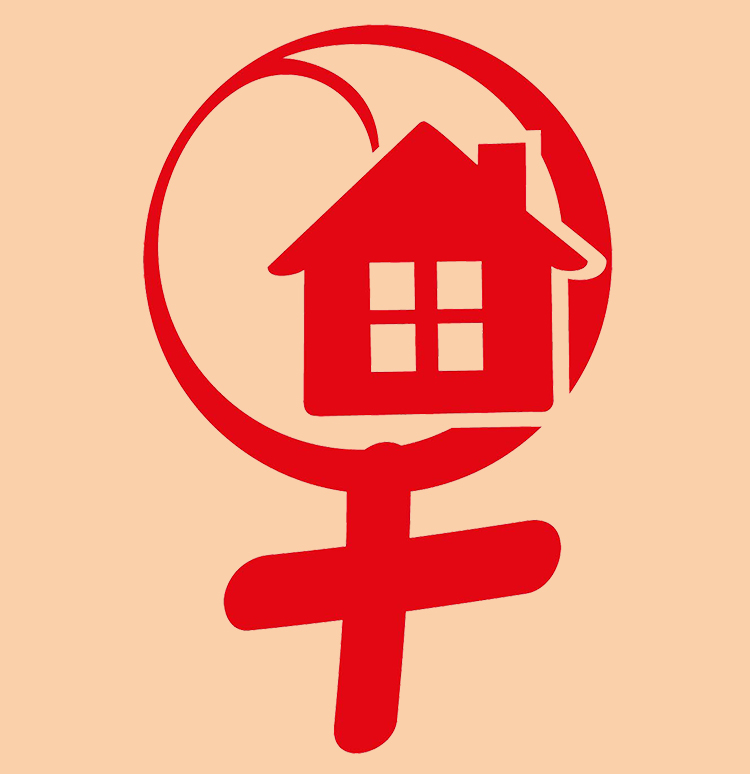 Rotes Symbol einer Kombination aus Hauses und weiblichem Symbol