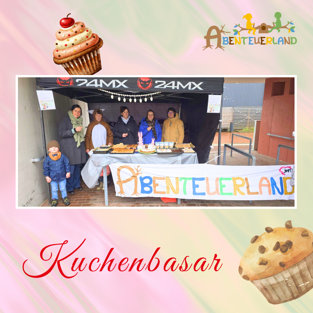 Mehrere Personen verkaufen Kuchen an einem Stand des „Abenteuerland“-Kuchenbasars unter einem Pavillon.