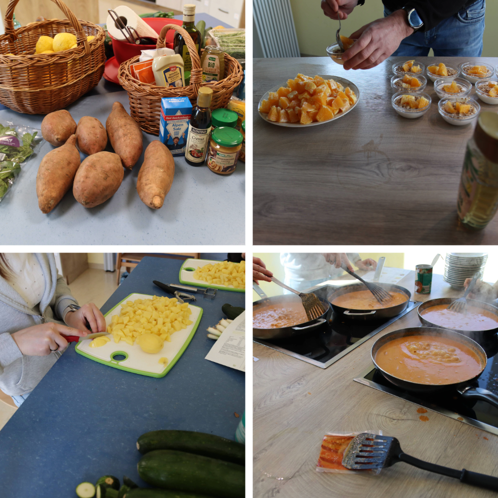Collage aus vier Bildern: Zutaten, Zubereitung und Kochen eines gemeinsamen Gerichts in einer Küche.