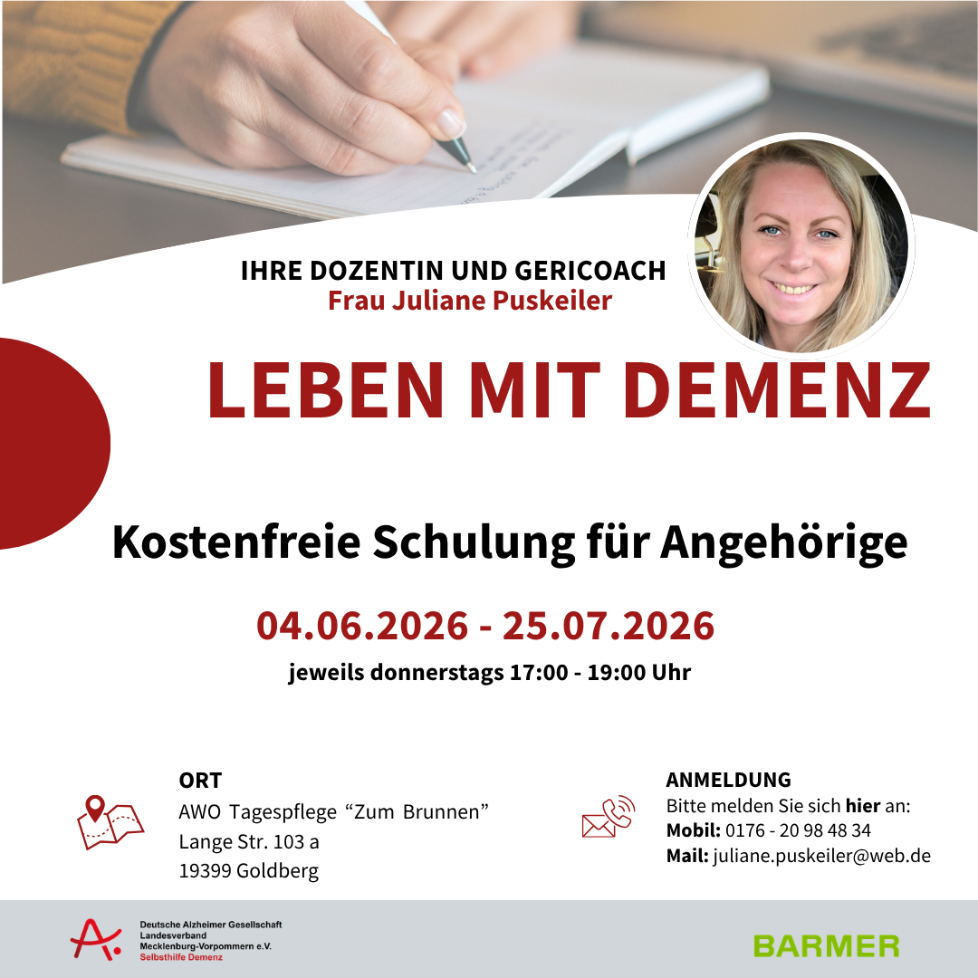 Ein Flyer für eine kostenfreie Schulung zum Thema 'Leben mit Demenz'.