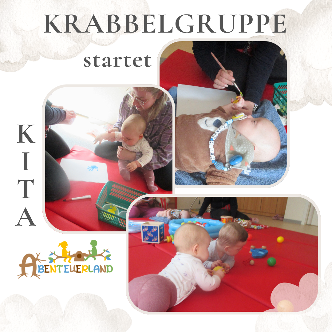 Collage mit Fotos von Babys in einer Krabbelgruppe in einer Kita.