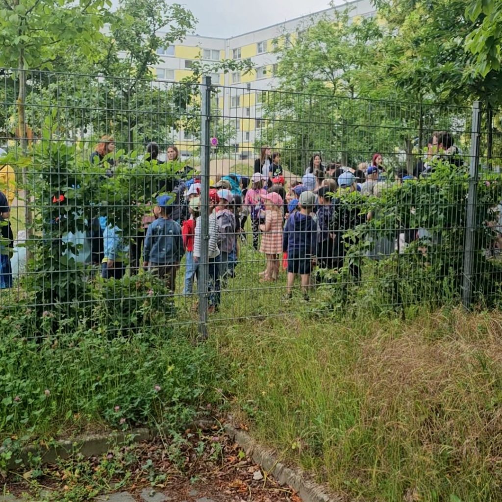 Gruppe von Menschen, darunter viele Kinder, in einem umz&auml;unten, gr&uuml;nen Bereich