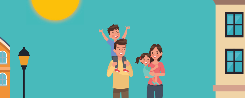 Illustration einer Straßenszene mit Häusern und einer Familie bei sonnigem Wetter