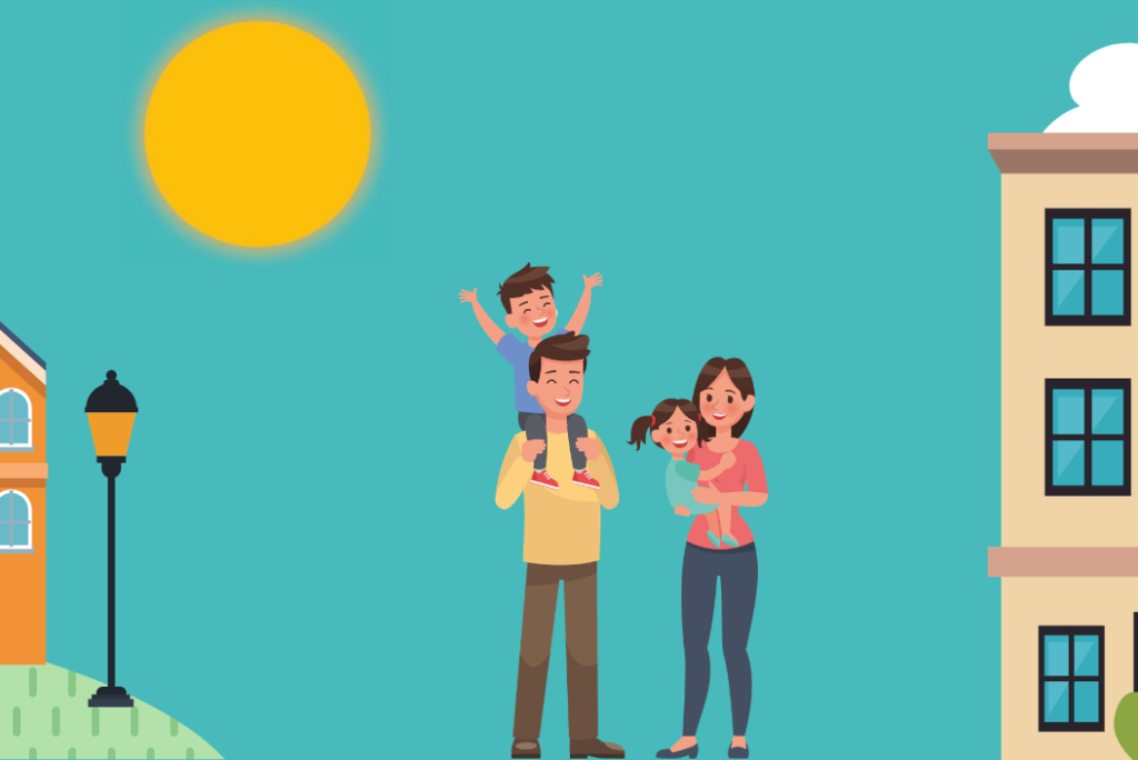 Illustration einer Straßenszene mit Häusern und einer Familie bei sonnigem Wetter