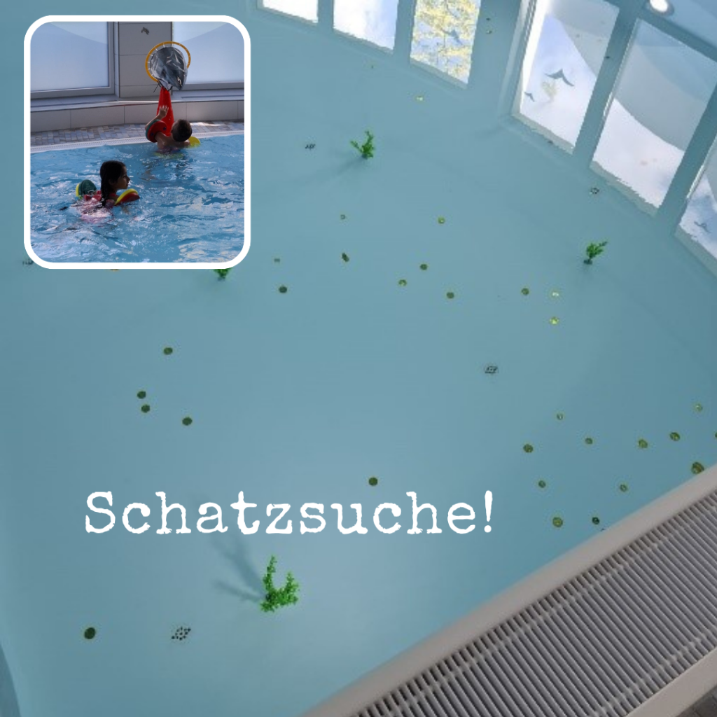 Kinder im Schwimmbad bei einer Schatzsuche.