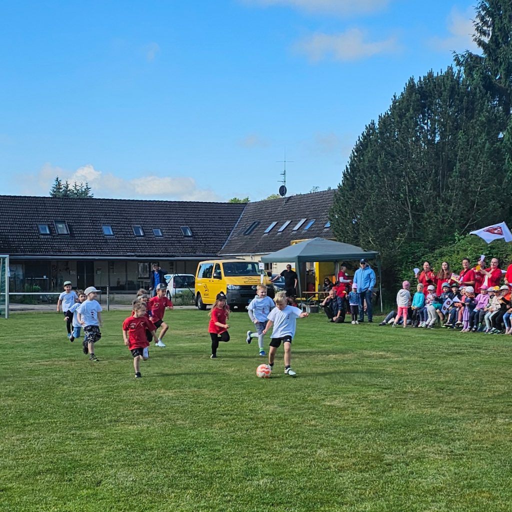 Kinder spielen Fu&szlig;ball auf einem Rasenplatz mit Zuschauern am Rand.