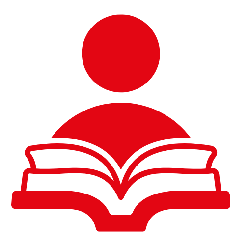 Ein stilisierter roter Rahmen mit einer stilisierten Person über einem offenen Buch.