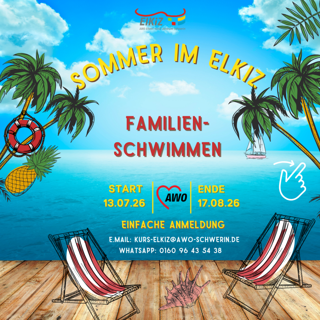 Plakat mit Informationen zu einem Familien-Schwimmen im ElKiZ.