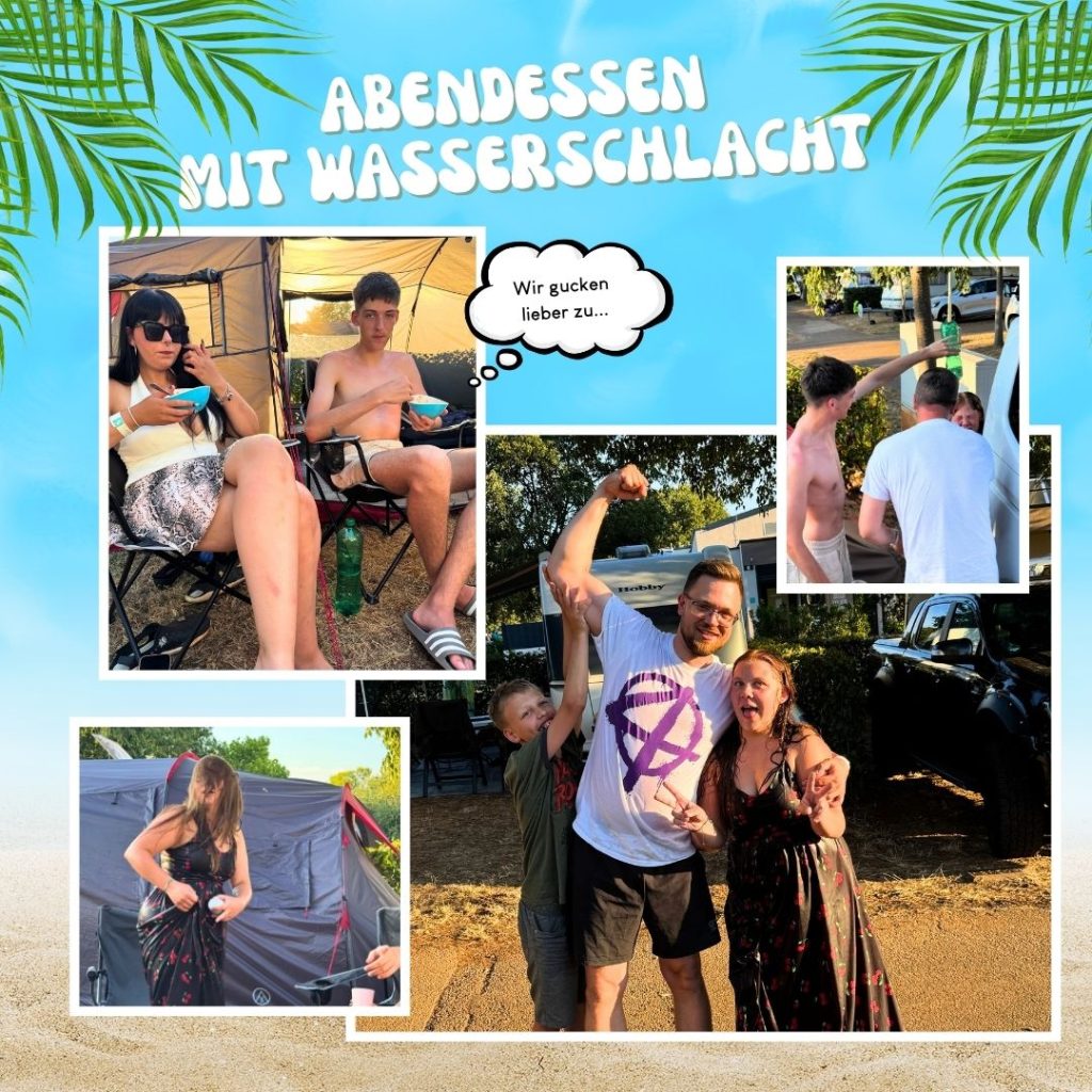Collage von Menschen beim Abendessen und einer Wasserschlacht.