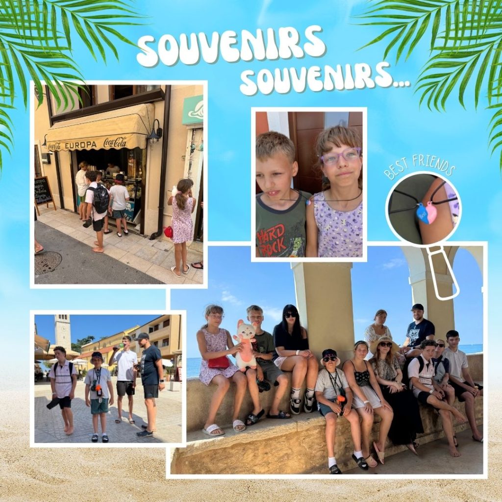 Collage von Menschen, die Souvenirs kaufen und ihre Zeit genie&szlig;en.