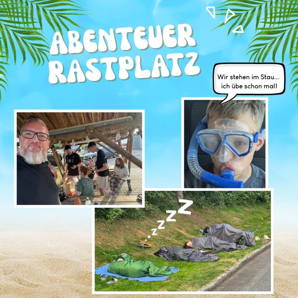 Collage mit mehreren Bildern von Personen auf einem Rastplatz.
