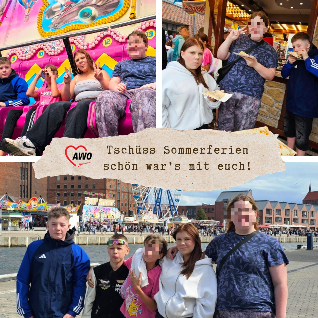 Collage von mehreren Fotos mit einer Gruppe junger Menschen auf einem Jahrmarkt, AWO-Logo und Text 'Tschüss Sommerferien, schön war’s mit euch!'