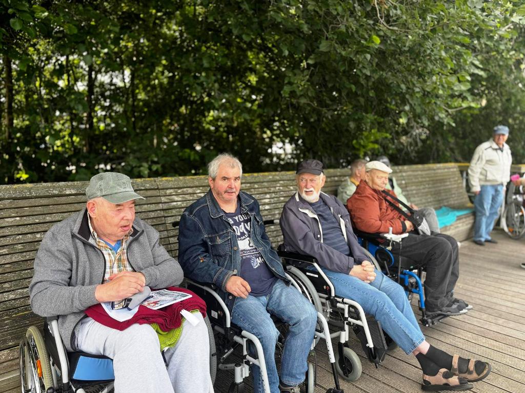 Gruppe älterer Männer in Rollstühlen auf einer Parkbank