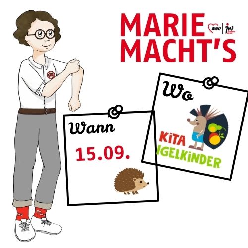 Illustration einer animierten Figur neben einer Veranstaltungseinladung