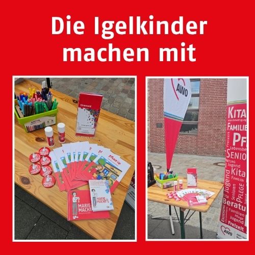 Zwei Tische mit AWO-Werbematerial und Bastelutensilien vor einem Gebäude.