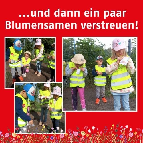 Kinder in gelben Warnwesten streuen Blumensamen auf einem Weg.