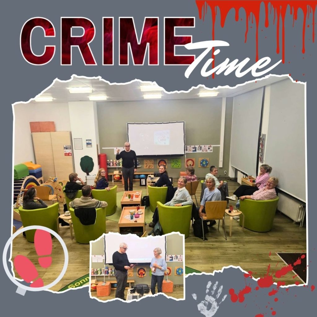 Eine Gruppe von Menschen in einem Raum, der für eine Veranstaltung namens 'Crime Time' dekoriert ist.