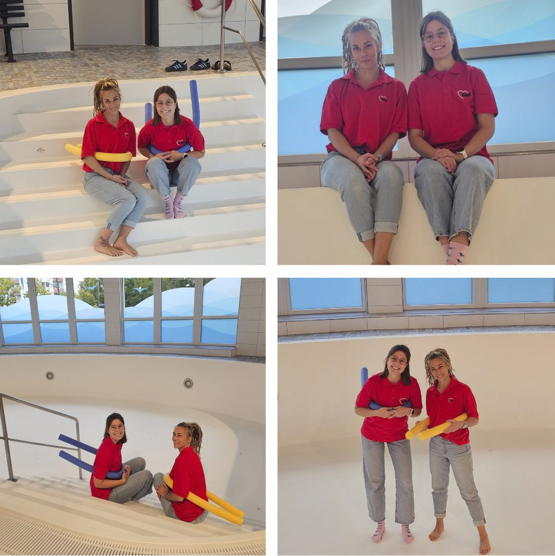 Vier Bilder von zwei Frauen in roten T-Shirts, die sich in einem leeren Schwimmbecken aufhalten.